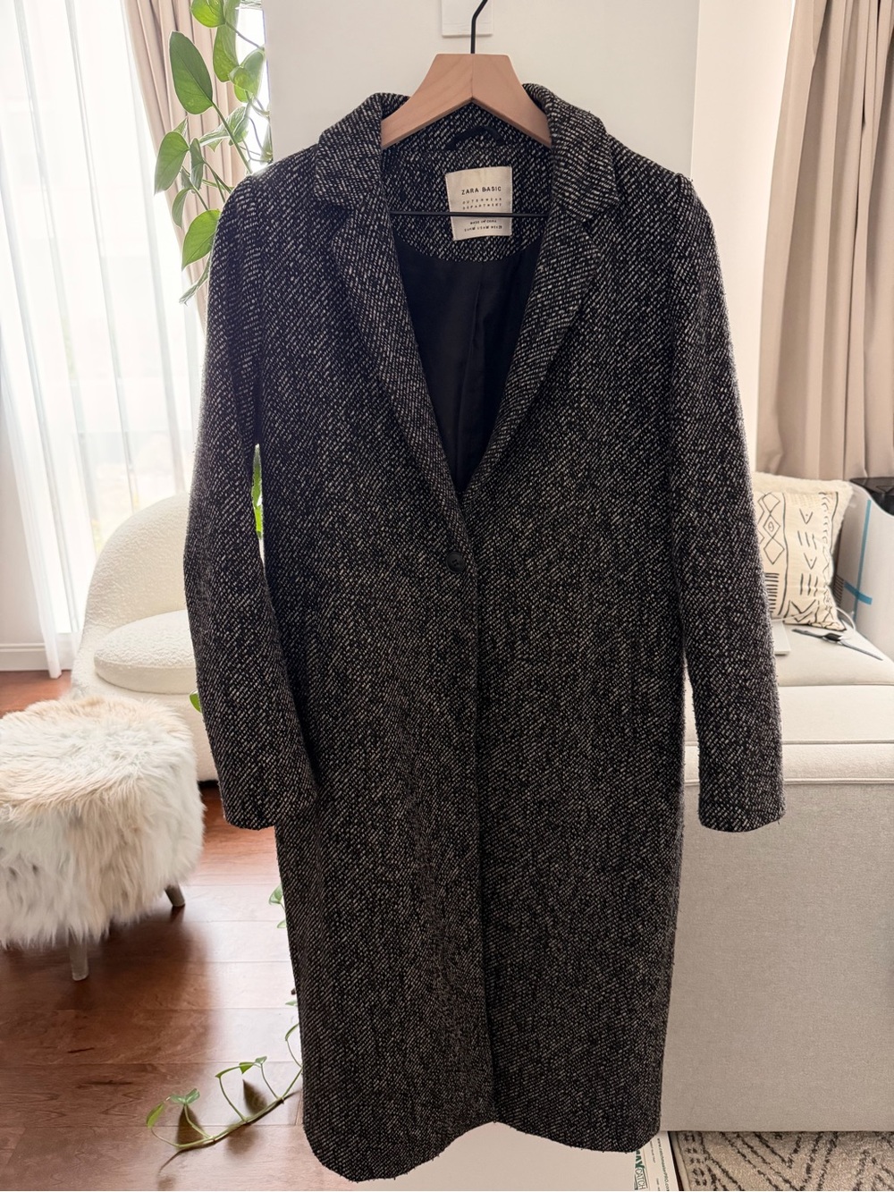 Zara Black & White Herringbone Long Trench Coat